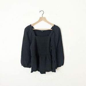 Madewell Lightspun Millbrook Puff-Sleeve Peplum Top Black